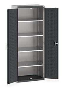 Heavy Duty Bott cubio cupboard with perfo panel lined hinged doors. 800mm wide x 525mm deep x 2000mm high with 4 x100kg capacity shelves.... Bott Industial Tool Cupboards with Shelves